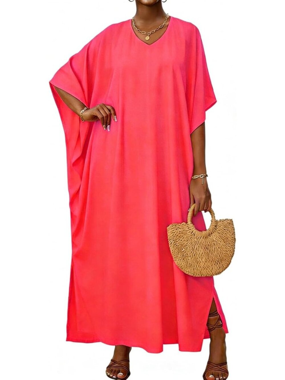 Women's Neon Coral Pink Plus Size V Neck Caftan Long Batwing Sleeve Cover Up